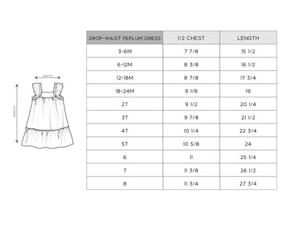 Size chart for a drop-waist peplum dress with measurements in inches.