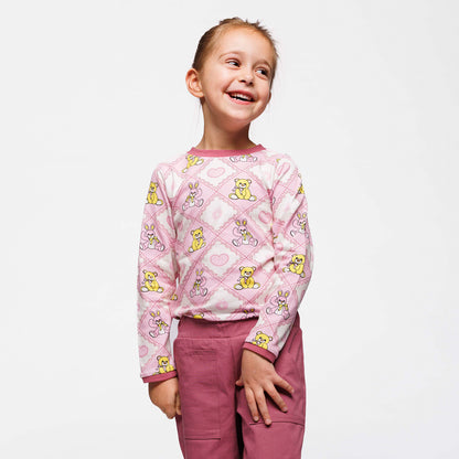 Småfolk Organic Long Sleeved Girls' T-shirt- Teddy Bears, Lace Pink