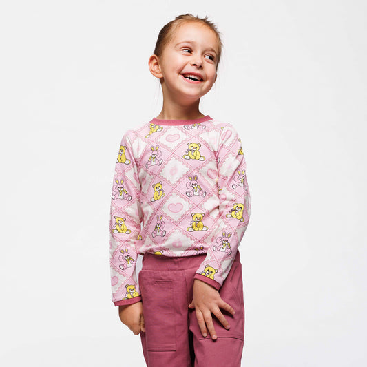 Småfolk Organic Long Sleeved Girls' T-shirt- Teddy Bears, Lace Pink