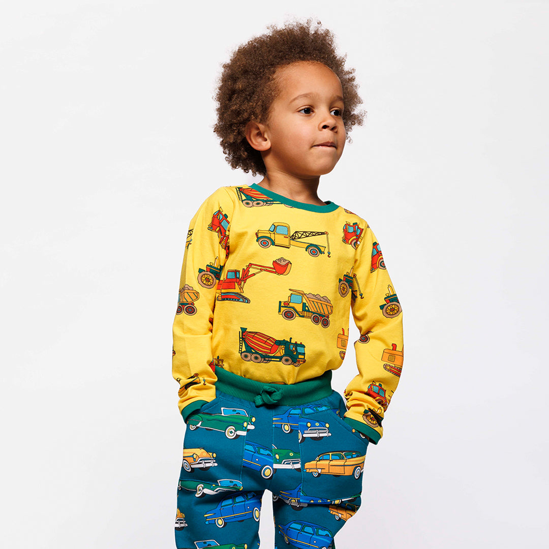 Småfolk Organic Long Sleeved Boys' T-shirt- Vehicles, Sunstruck Yellow