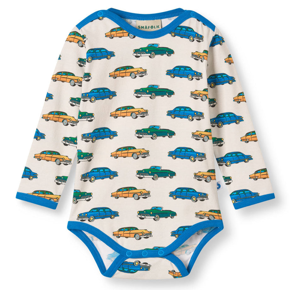 Småfolk Organic Long Sleeved Baby Bodysuit- Cars, Vanilla
