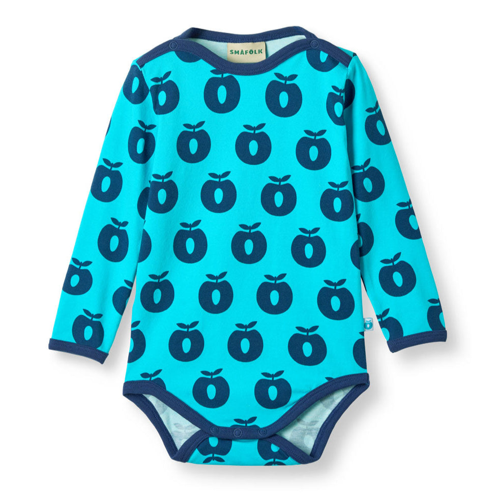 Småfolk Organic Short Sleeved Girls' Bodysuit- Apples, Blue Atoll