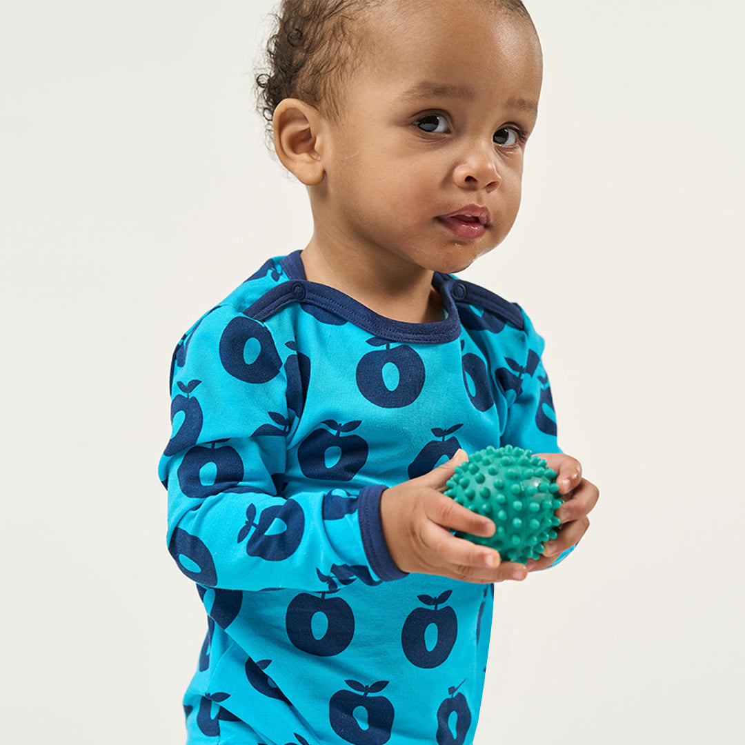 Småfolk Organic Short Sleeved Girls' Bodysuit- Apples, Blue Atoll