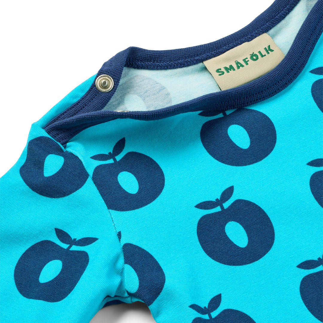 Småfolk Organic Short Sleeved Girls' Bodysuit- Apples, Blue Atoll