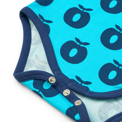 Småfolk Organic Short Sleeved Girls' Bodysuit- Apples, Blue Atoll