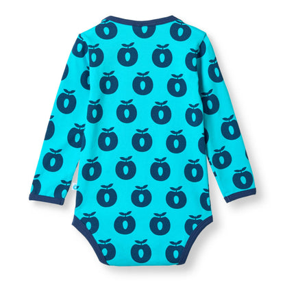 Småfolk Organic Short Sleeved Girls' Bodysuit- Apples, Blue Atoll