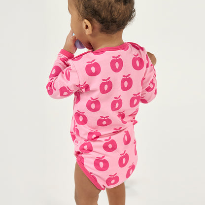 Småfolk Organic Short Sleeved Girls' Bodysuit- Apples, Pink Lilac