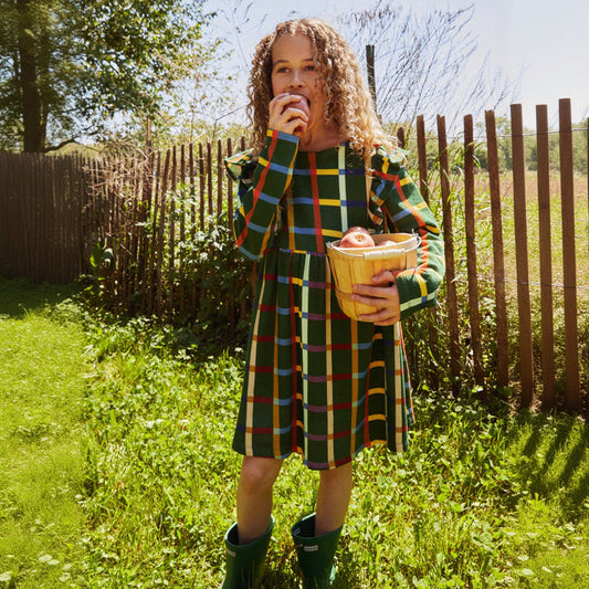Mon Coeur Organic Cotton Ruffle Dress - Fall Grid