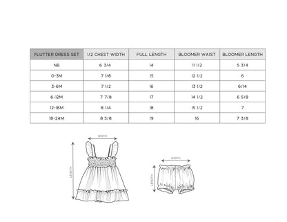 Measurement chart for a flutter dress set with sizes and dimensions.