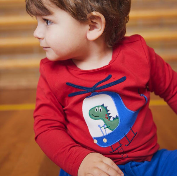 Boy wearing Fred's World organic Long sleeved top- flying dino appliqué