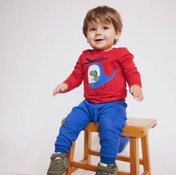 Baby wearing Fred's World organic Long sleeved top- flying dino appliqué