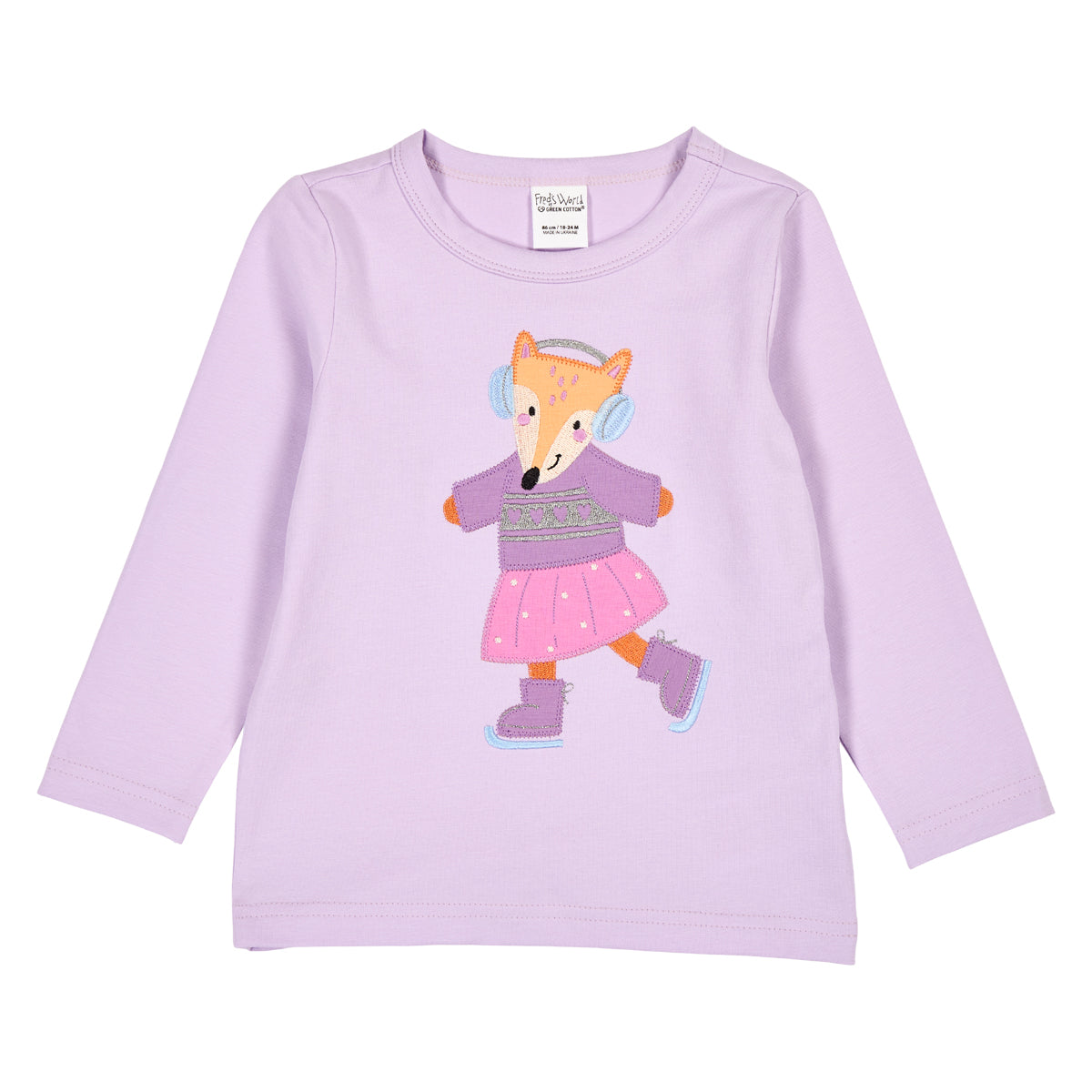 Fred's World Organic Girls' Long Sleeved Top- Skating Fox Appliqué