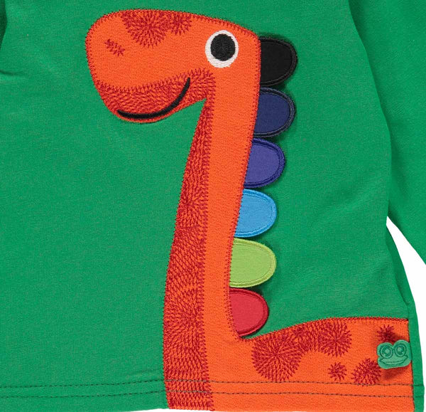Fred's World organic Long sleeve top- dinosaur appliqué, closeup