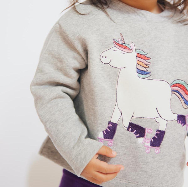 Fred's World Sweatshirt- unicorn appliqué, closeup