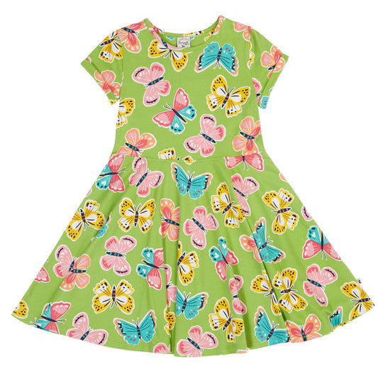Girls Organic Cotton Butterfly Print Short Sleeve Skater Dress - Lime | Frugi