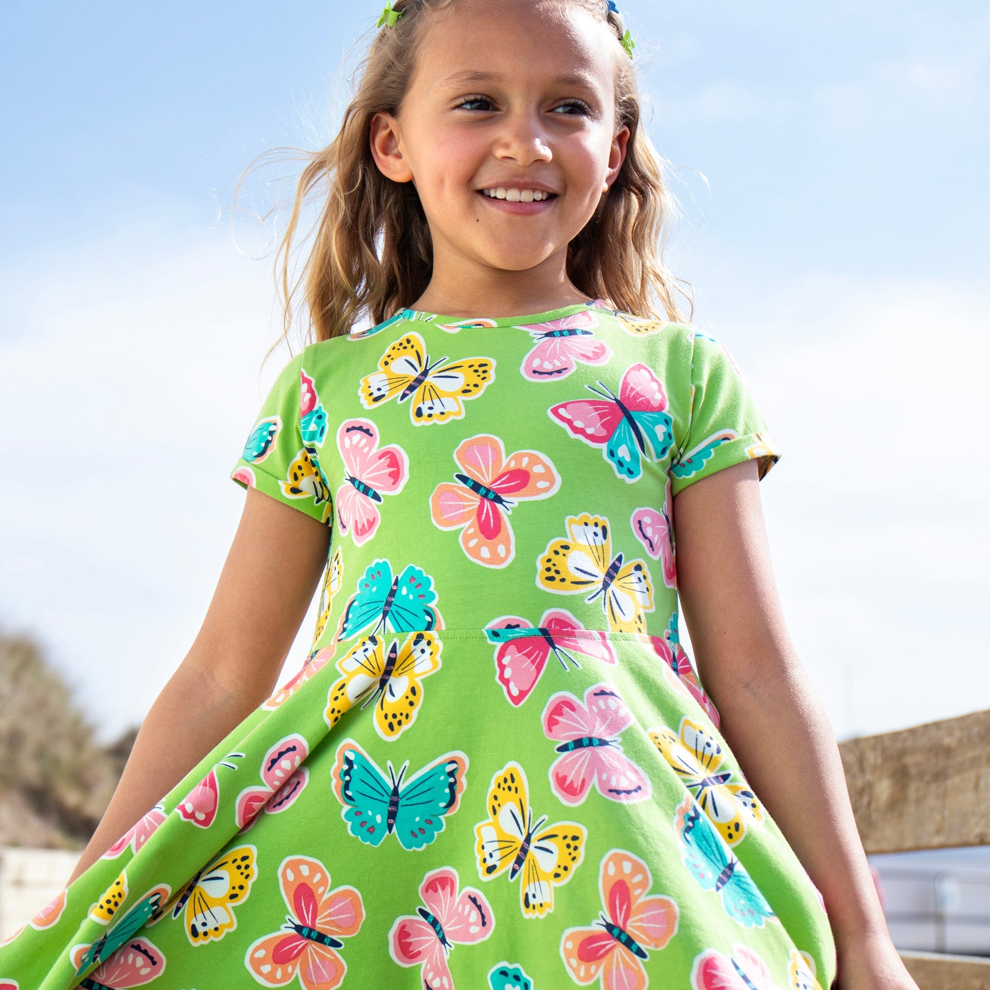 Girls Organic Cotton Butterfly Print Short Sleeve Skater Dress - Lime | Frugi The Green Crib & Kid Girls Organic Cotton Butterfly Print Short Sleeve Skater Dress - Lime | Frugi The Green Crib & Kid