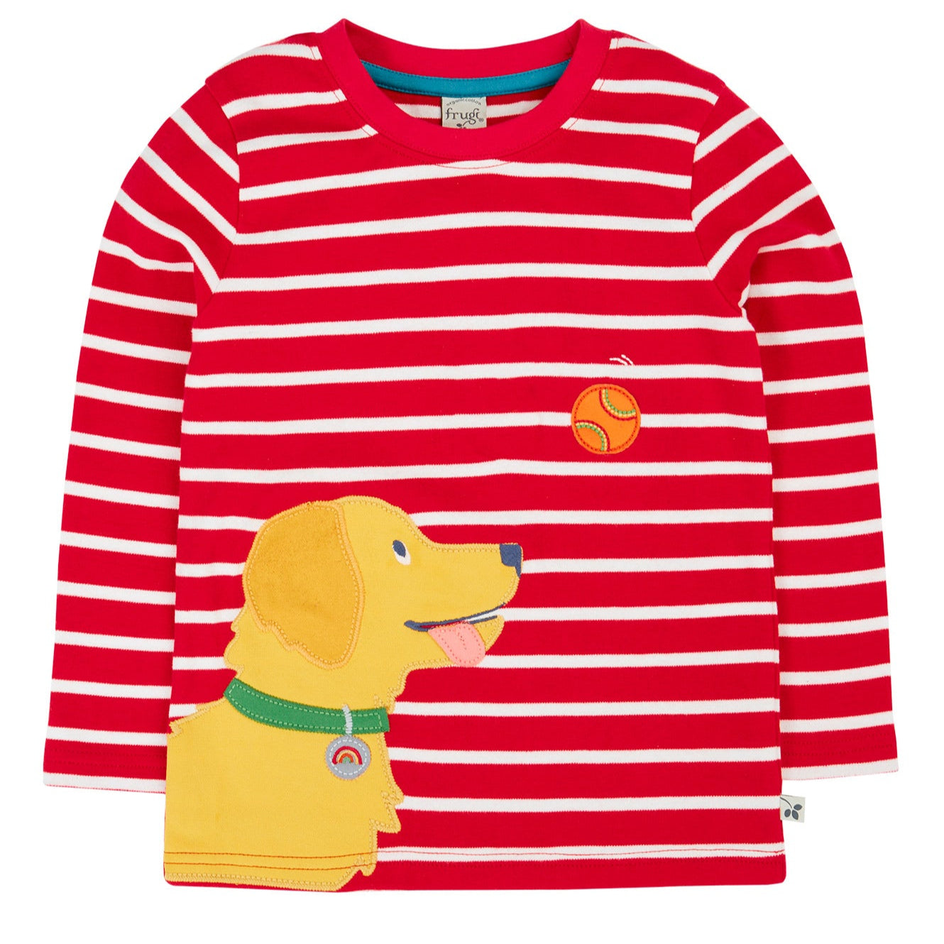 Frugi Organic Long Sleeved T-Shirt- Red Stripe/Dog Appliqué