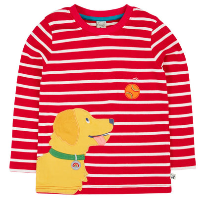 Frugi Organic Long Sleeved T-Shirt- Red Stripe/Dog Appliqué