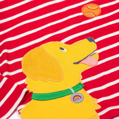 Frugi Organic Long Sleeved T-Shirt- Red Stripe/Dog Appliqué