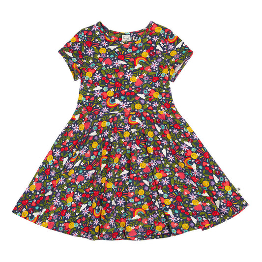 Girls Organic Cotton Short Sleeve Skater Dress - Happy Days | Frugi