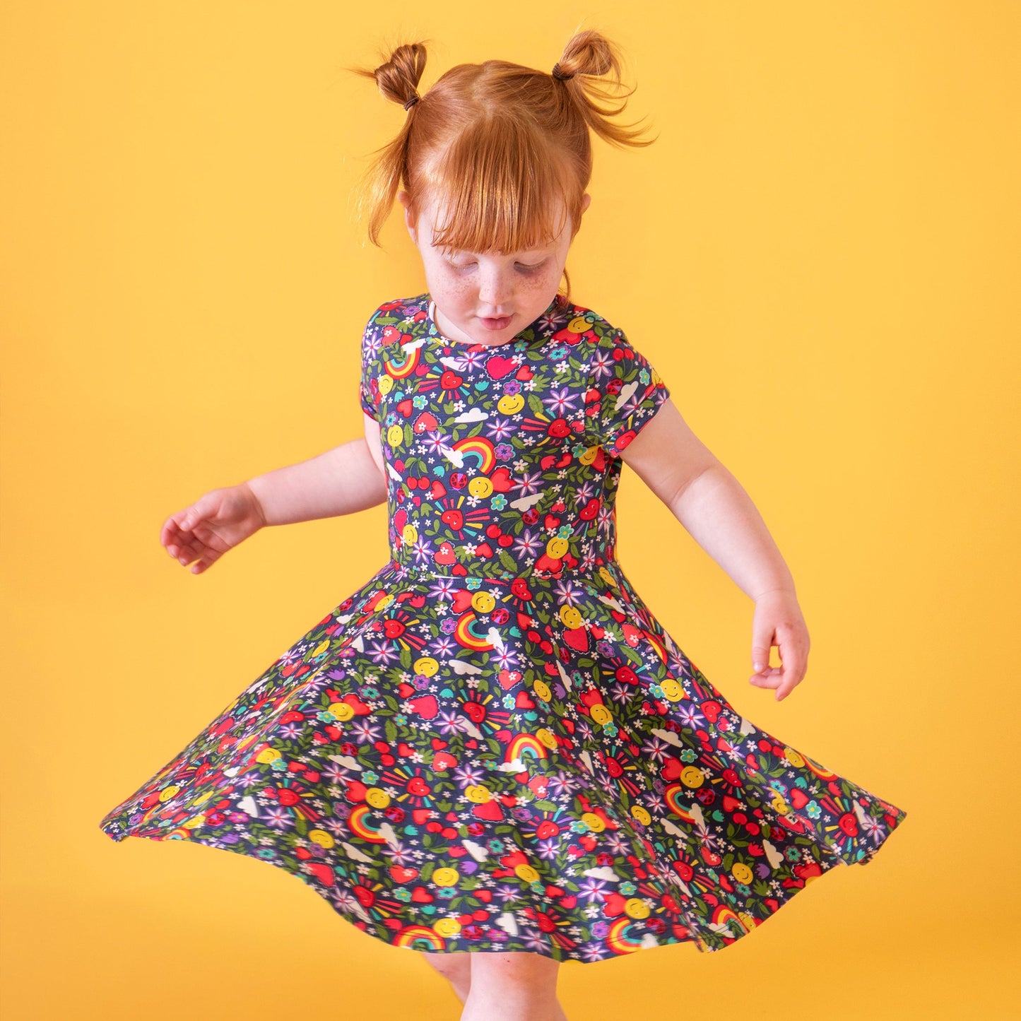 Girls Organic Cotton Short Sleeve Skater Dress - Happy Days | Frugi