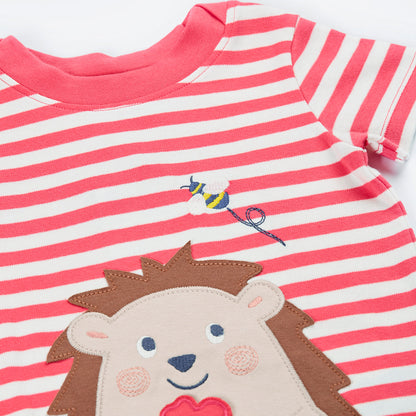 Children's shirt with hedgehog design and pink and white stripes