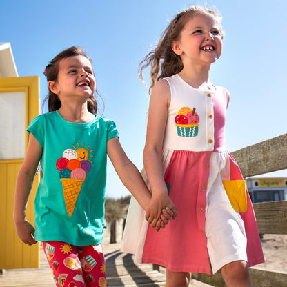Frugi Ice Cream Appliqué Organic Cotton Flutter Sleeve Top