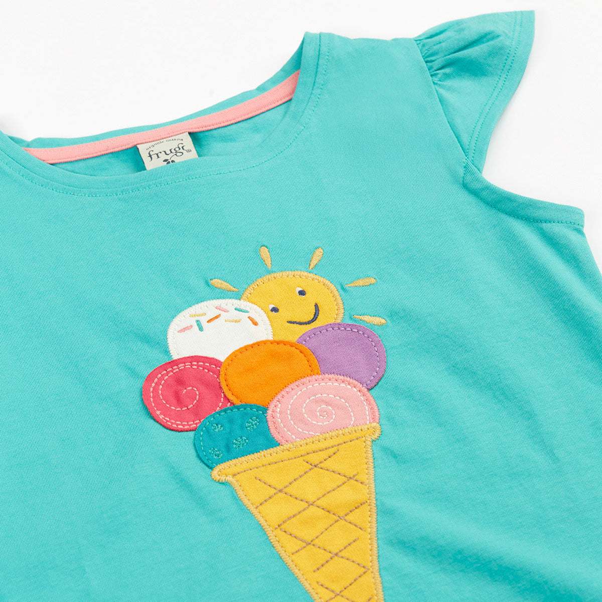 Frugi Ice Cream Appliqué Organic Cotton Flutter Sleeve Top