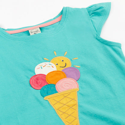 Frugi Ice Cream Appliqué Organic Cotton Flutter Sleeve Top