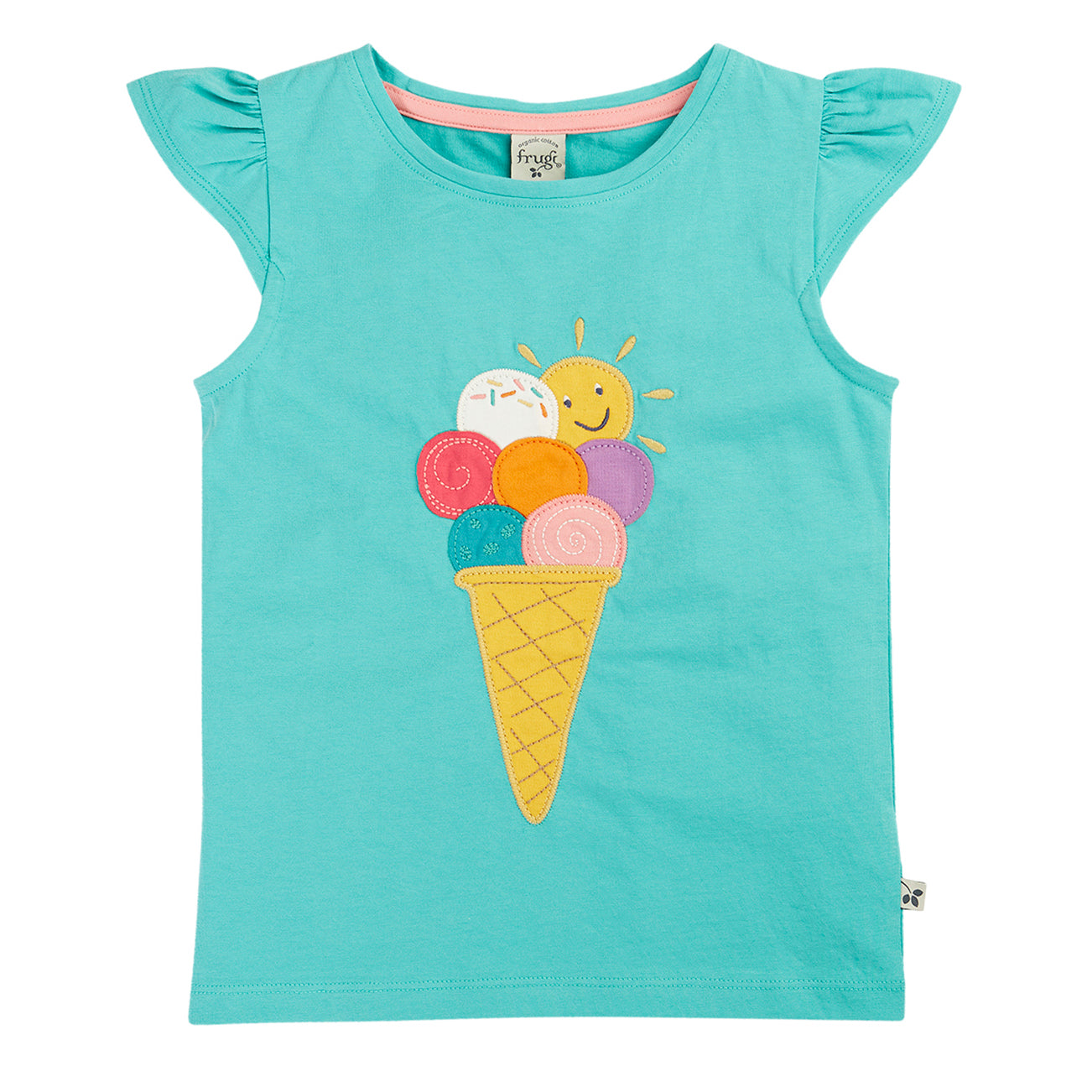 Frugi Ice Cream Appliqué Organic Cotton Flutter Sleeve Top