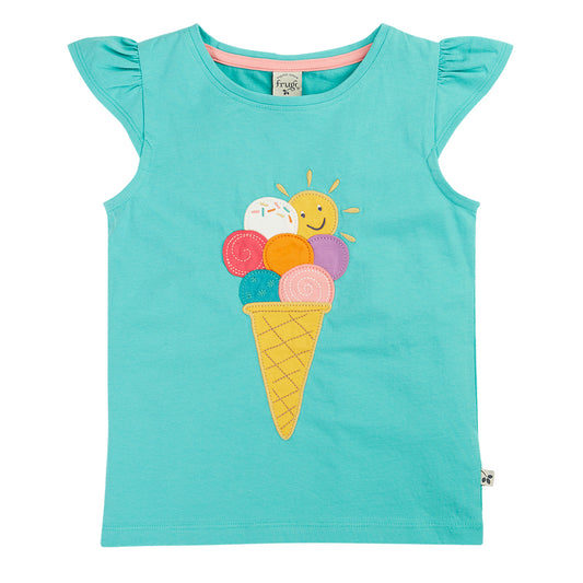 Frugi Ice Cream Appliqué Organic Cotton Flutter Sleeve Top