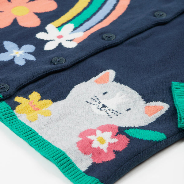 Frugi organic Knit cardigan- navy blue/cat, closeup