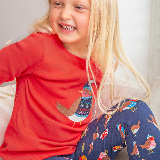 Girl wearing Frugi organic Robin appliqué top