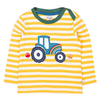 Frugi Organic Long Sleeved Top- Bumblebee Stripe Tractor Appliqué