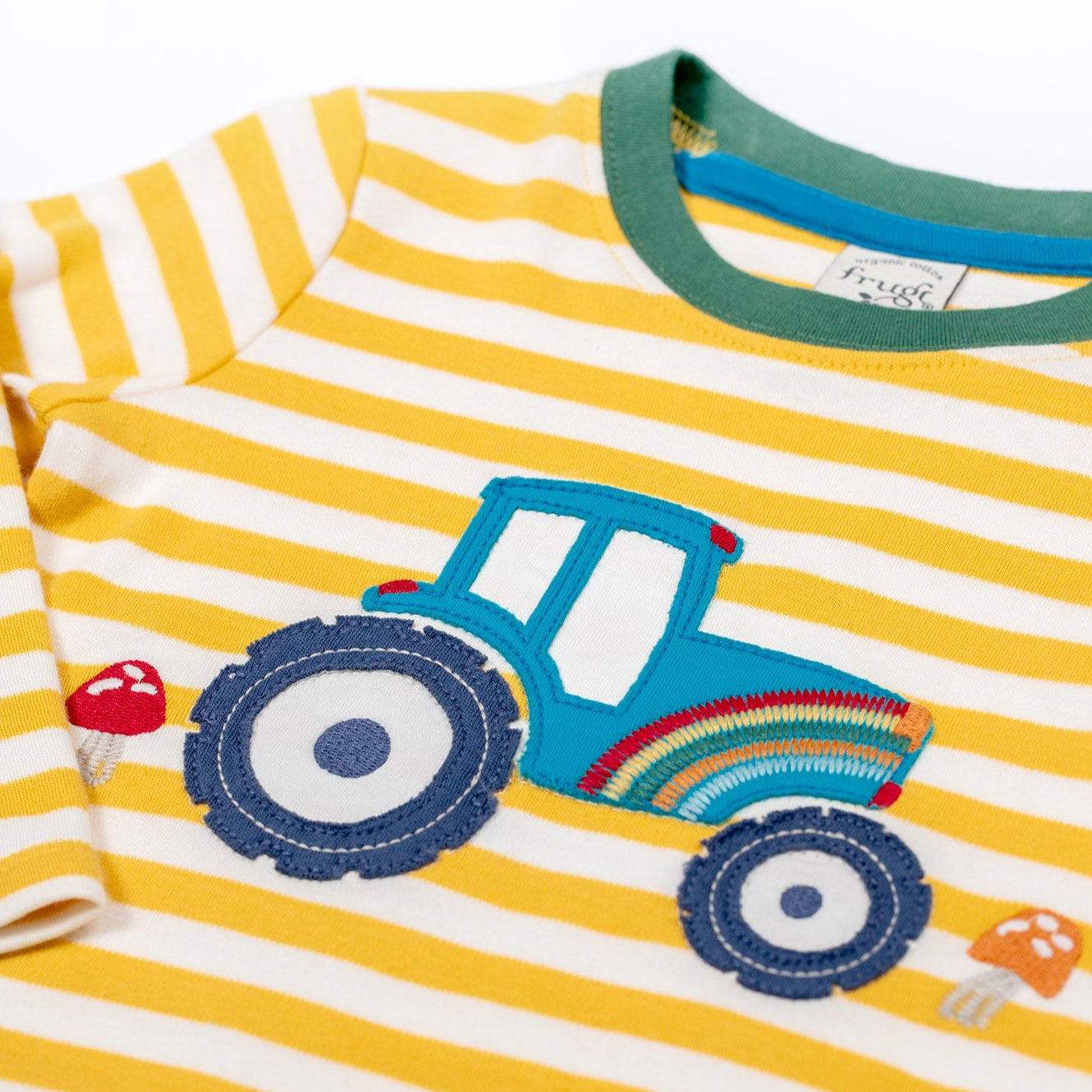 Frugi Organic Long Sleeved Top- Bumblebee Stripe Tractor Appliqué