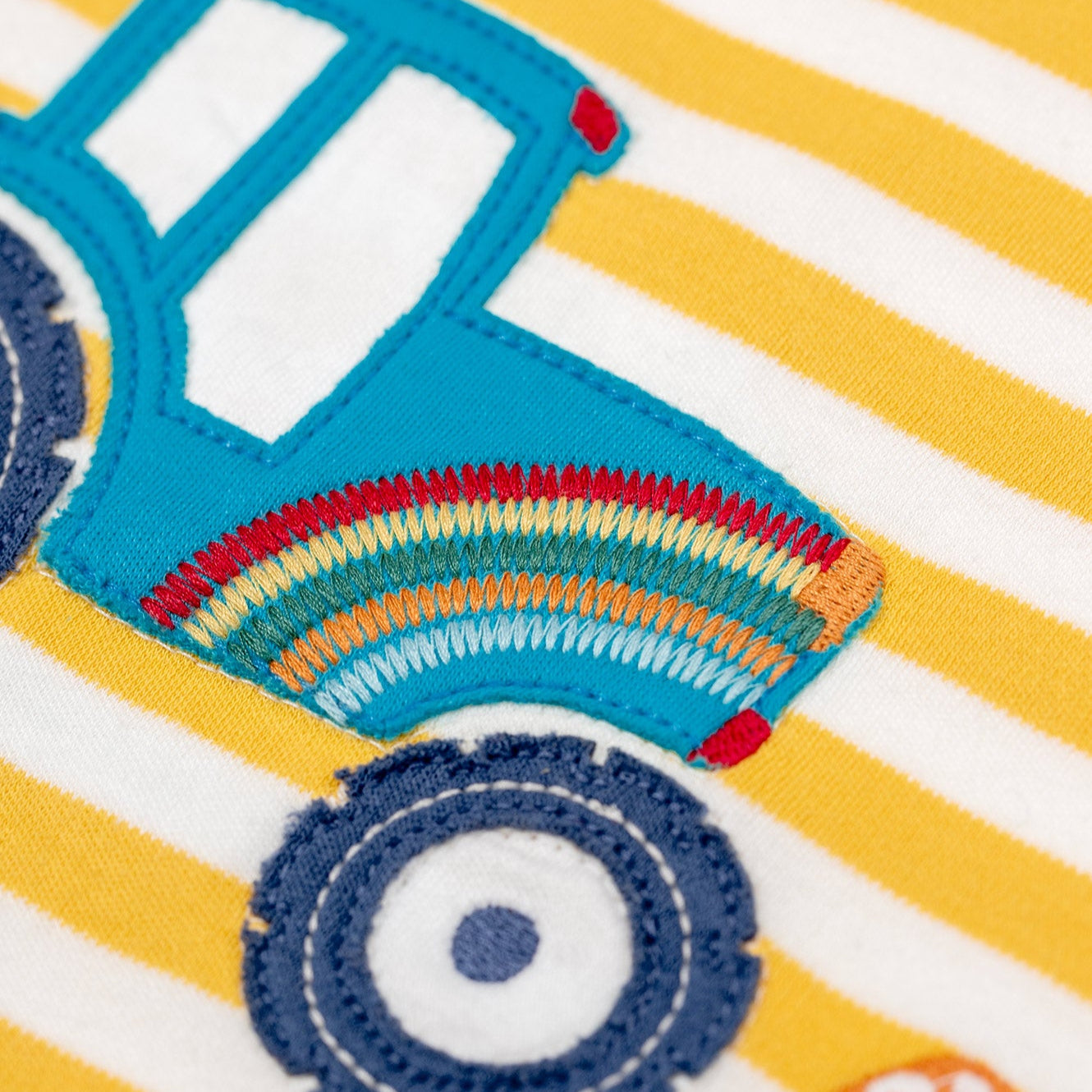 Frugi Organic Long Sleeved Top- Bumblebee Stripe Tractor Appliqué