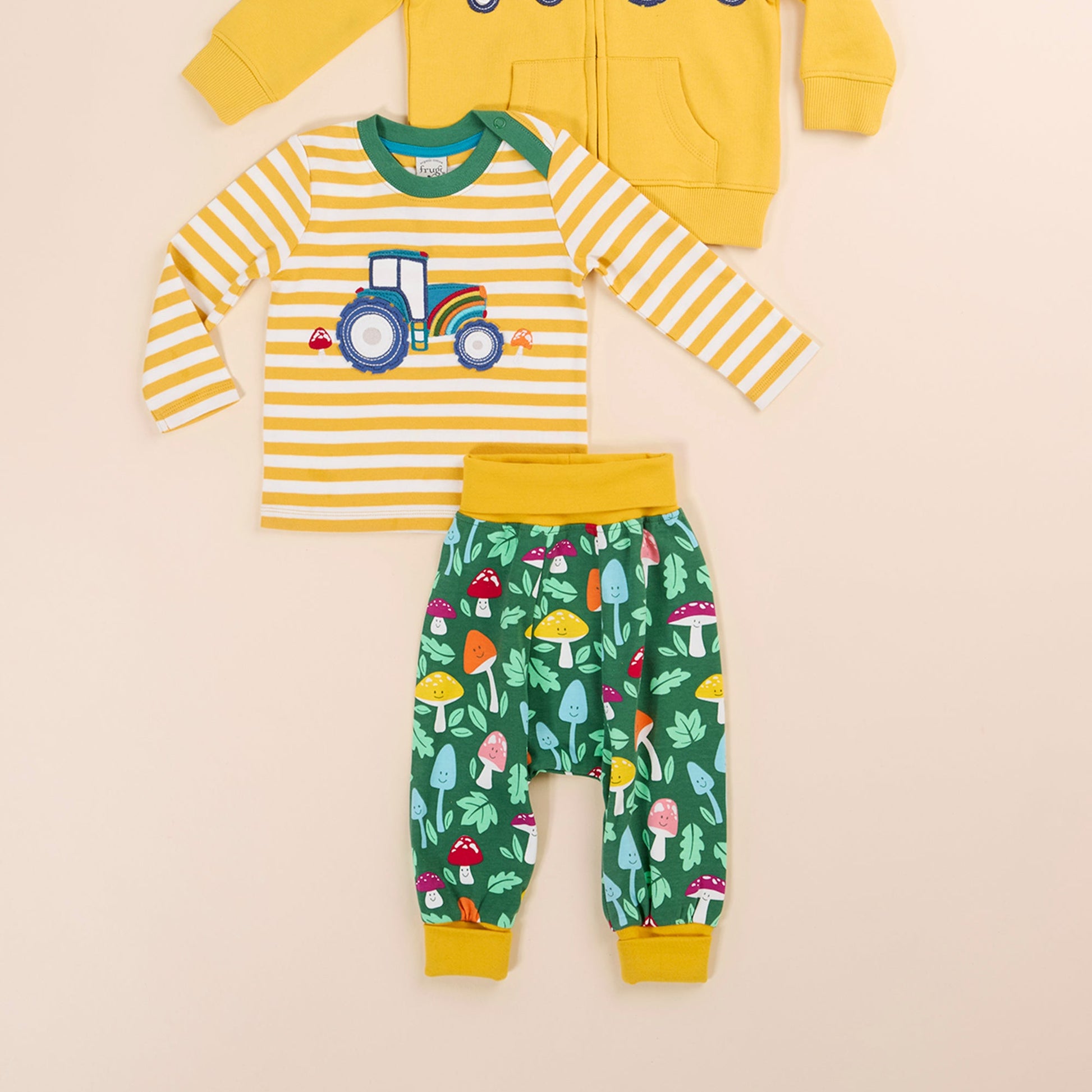 Frugi Organic Long Sleeved Top- Bumblebee Stripe Tractor Appliqué