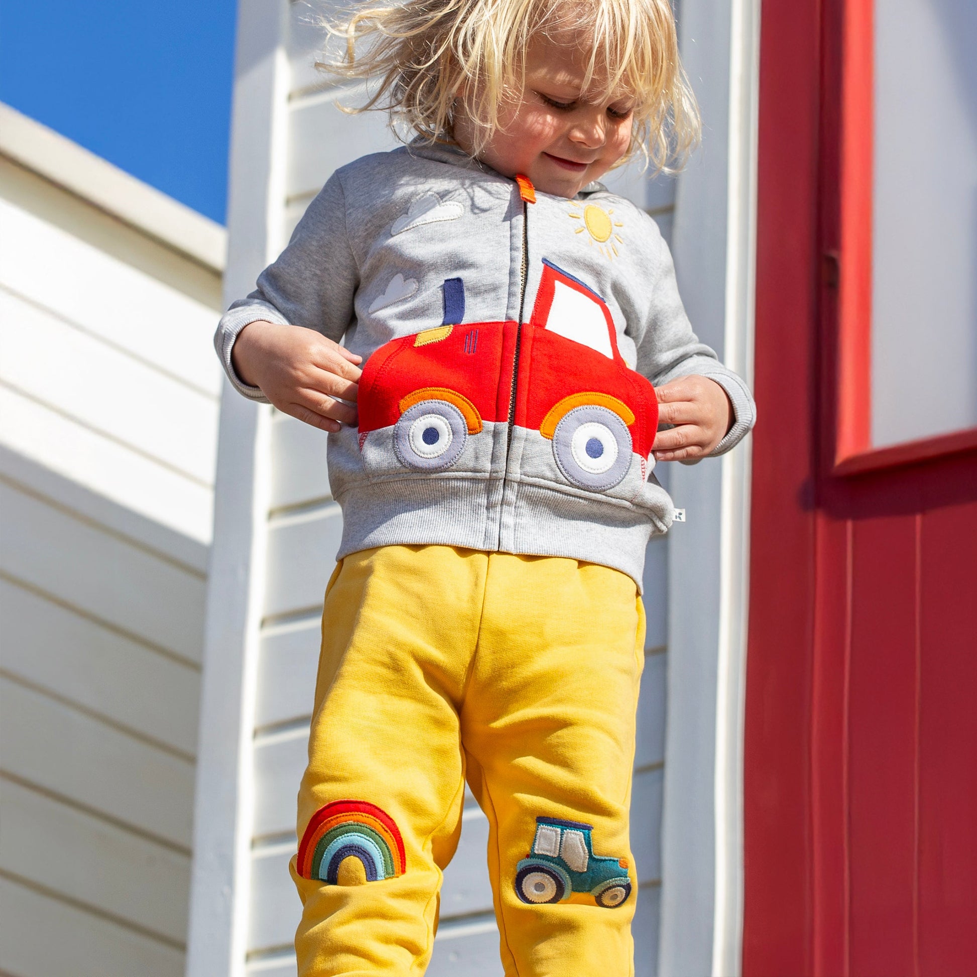 Frugi Organic Cotton Joggers - Tractor & Rainbow Knee Patch 