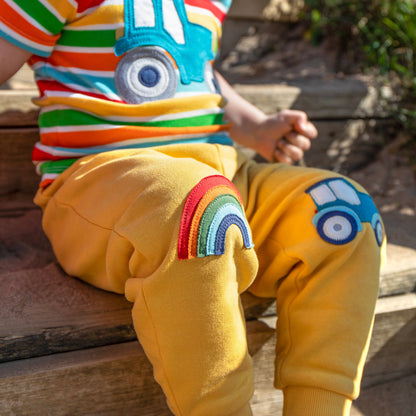 Frugi Organic Cotton Joggers - Tractor & Rainbow Knee Patch 