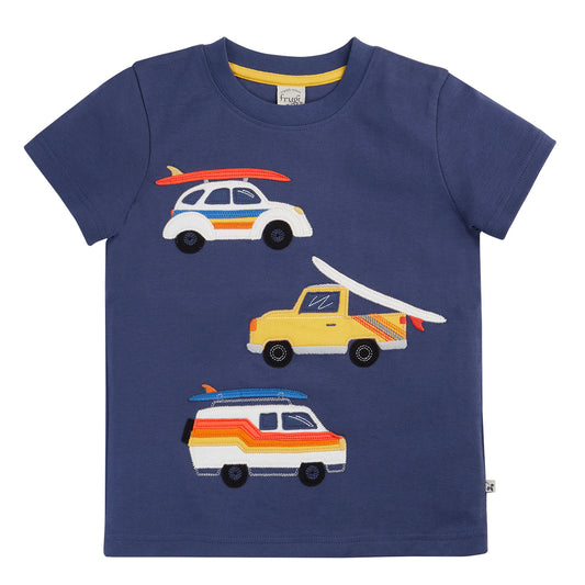 Boys Organic Cotton Vehicles Surfboard Appliqué Short Sleeve Tee - Navy | Frugi