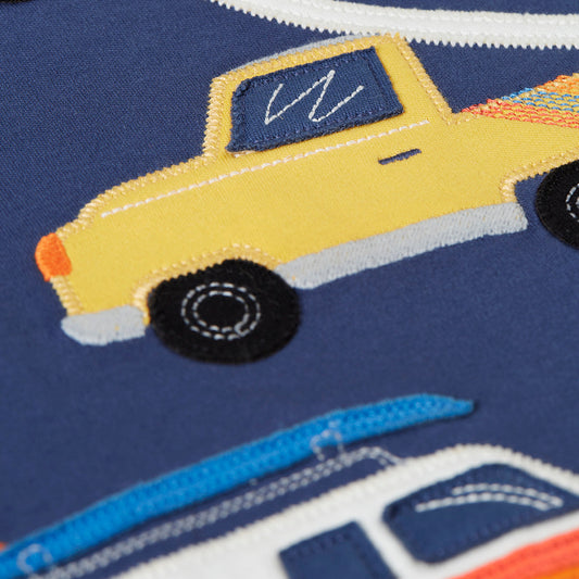 Boys Organic Cotton Vehicles Surfboard Appliqué Short Sleeve Tee - Navy | Frugi