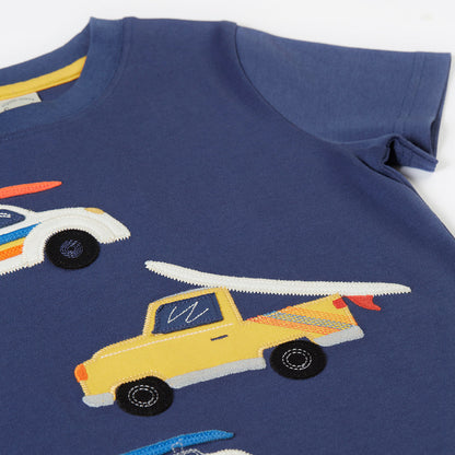 Boys Organic Cotton Vehicles Surfboard Appliqué Short Sleeve Tee - Navy | Frugi