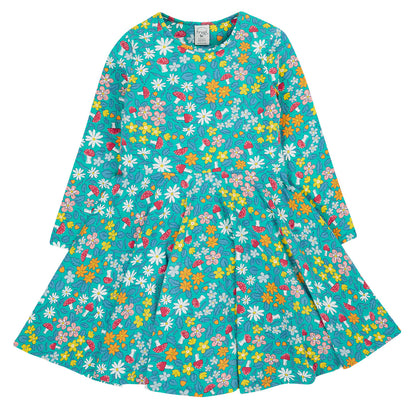 Frugi Organic Girls' Sofia Long-Sleeved Skater Dress- Wild Woods
