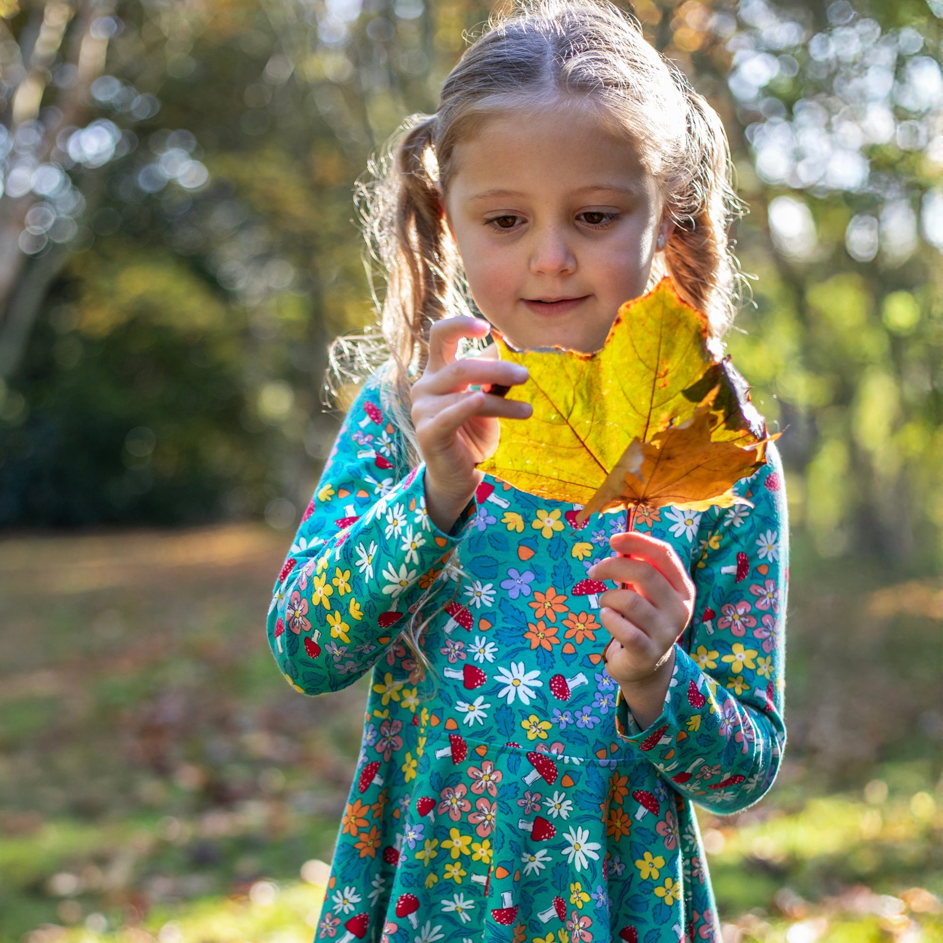 Frugi Organic Girls' Sofia Long-Sleeved Skater Dress- Wild Woods