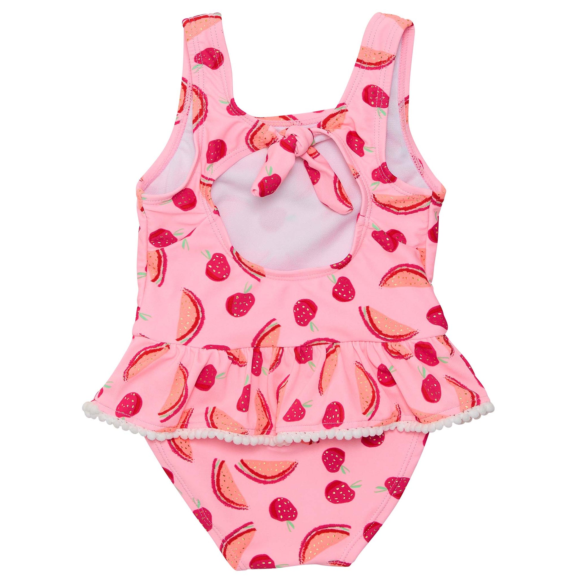 Pink children's swimsuit with watermelon and strawberry pattern on a pink background.