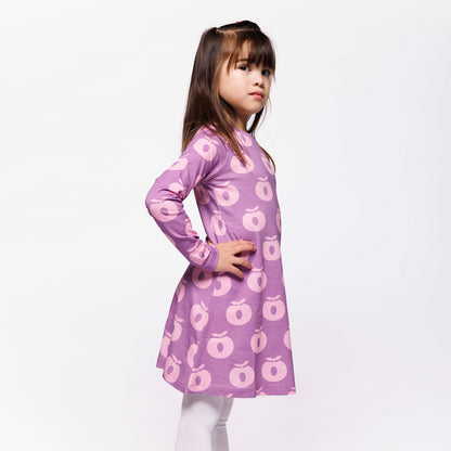 Småfolk Organic Long Sleeved Girls' Dress- Apples, Purple Iris