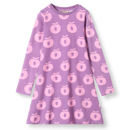 Småfolk Organic Long Sleeved Girls' Dress- Apples, Purple Iris