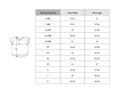 Size chart for girls' short sleeve tees with chest width and full length measurements.