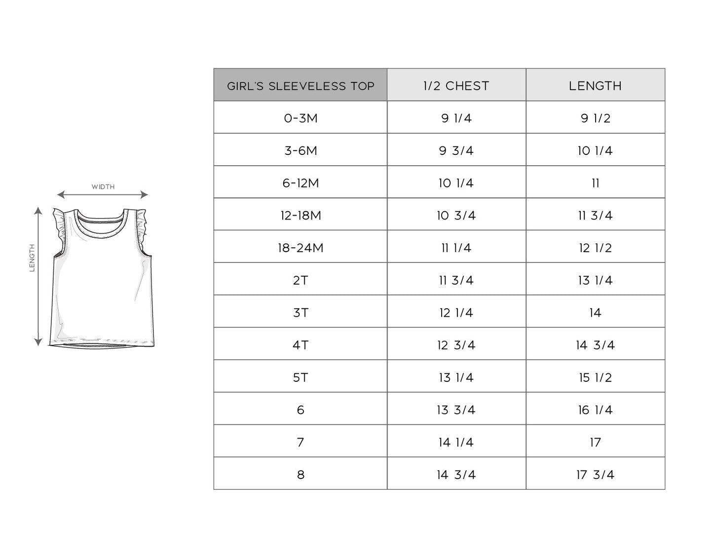 Size chart for girls' sleeveless tops with measurements in chest and length.