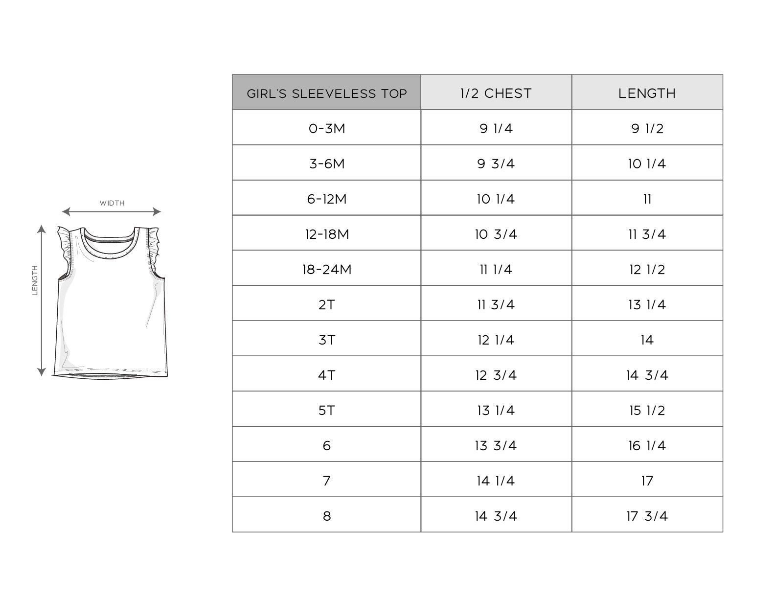 Size chart for girls' sleeveless tops with measurements in chest and length.